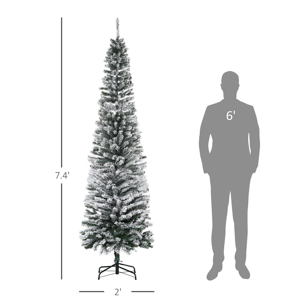 7.5ft Flocked Christmas Tree, Pencil Artificial Xmas Tree with Faux Snow, Dense Branches, Foldable Metal Base for Indoor Holiday Decor