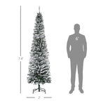 7.5ft Flocked Christmas Tree, Pencil Artificial Xmas Tree with Faux Snow, Dense Branches, Foldable Metal Base for Indoor Holiday Decor