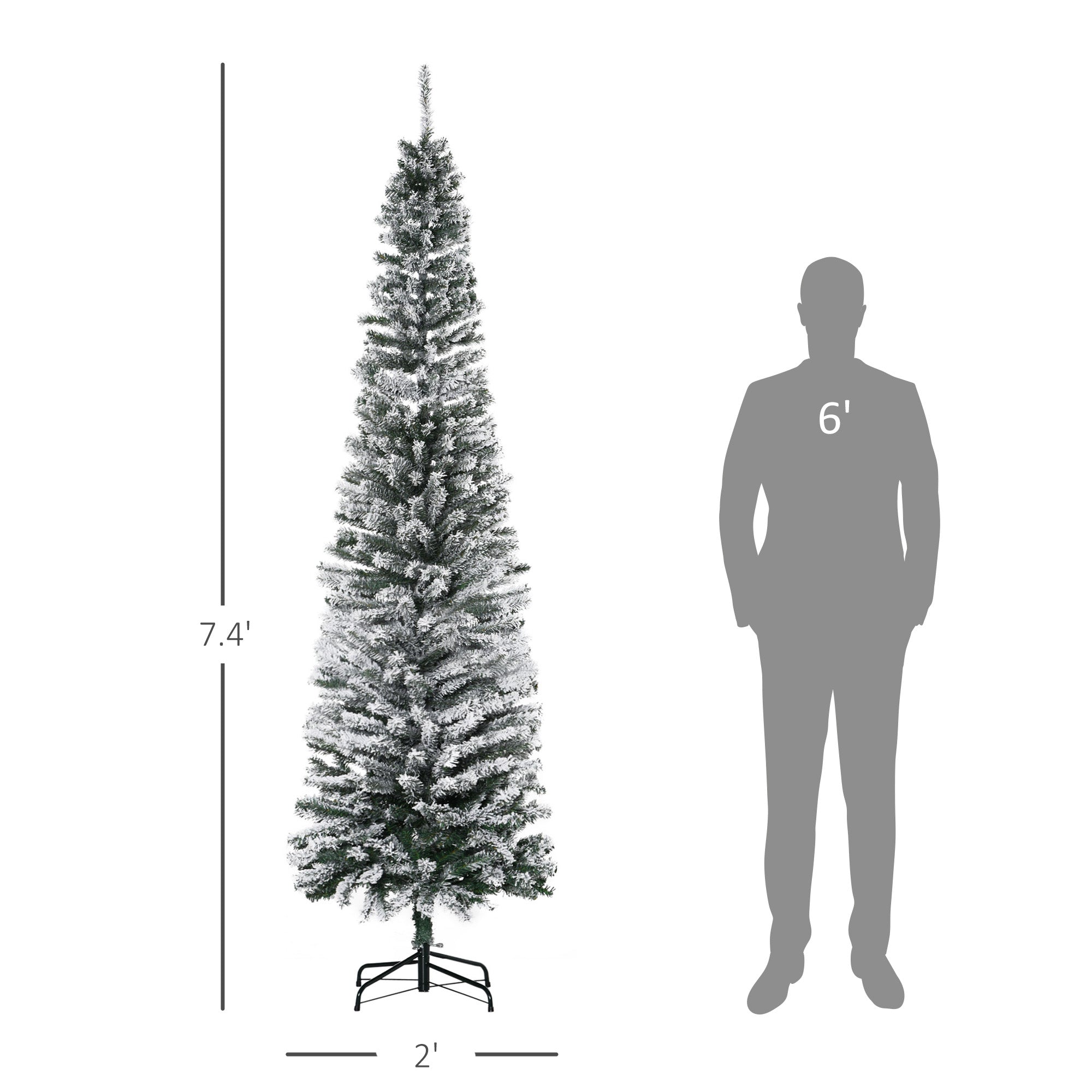 7.5ft Flocked Christmas Tree, Pencil Artificial Xmas Tree with Faux Snow, Dense Branches, Foldable Metal Base for Indoor Holiday Decor