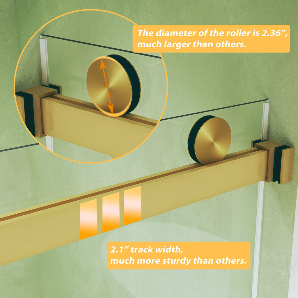 Frameless Double Sliding Shower Door with Silent Rollers, Bathroom Door with Square Tube Track, 60" L x 0.5" W x 74" H, Brushed Gold