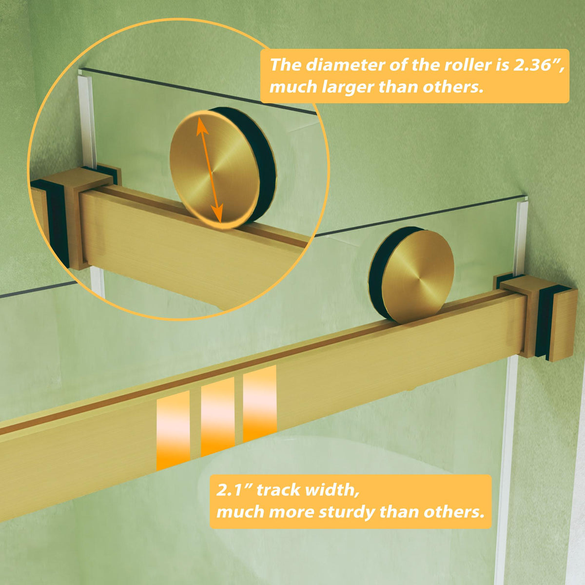 Frameless Double Sliding Shower Door with Silent Rollers, Bathroom Door with Square Tube Track, 60" L x 0.5" W x 74" H, Brushed Gold