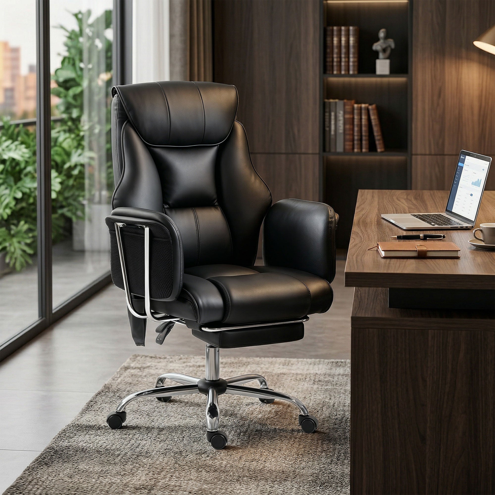 Massage Office Chair with 6 Points Vibration, Executive Desk Chair with High Back, PU Leather, Footrest, Black