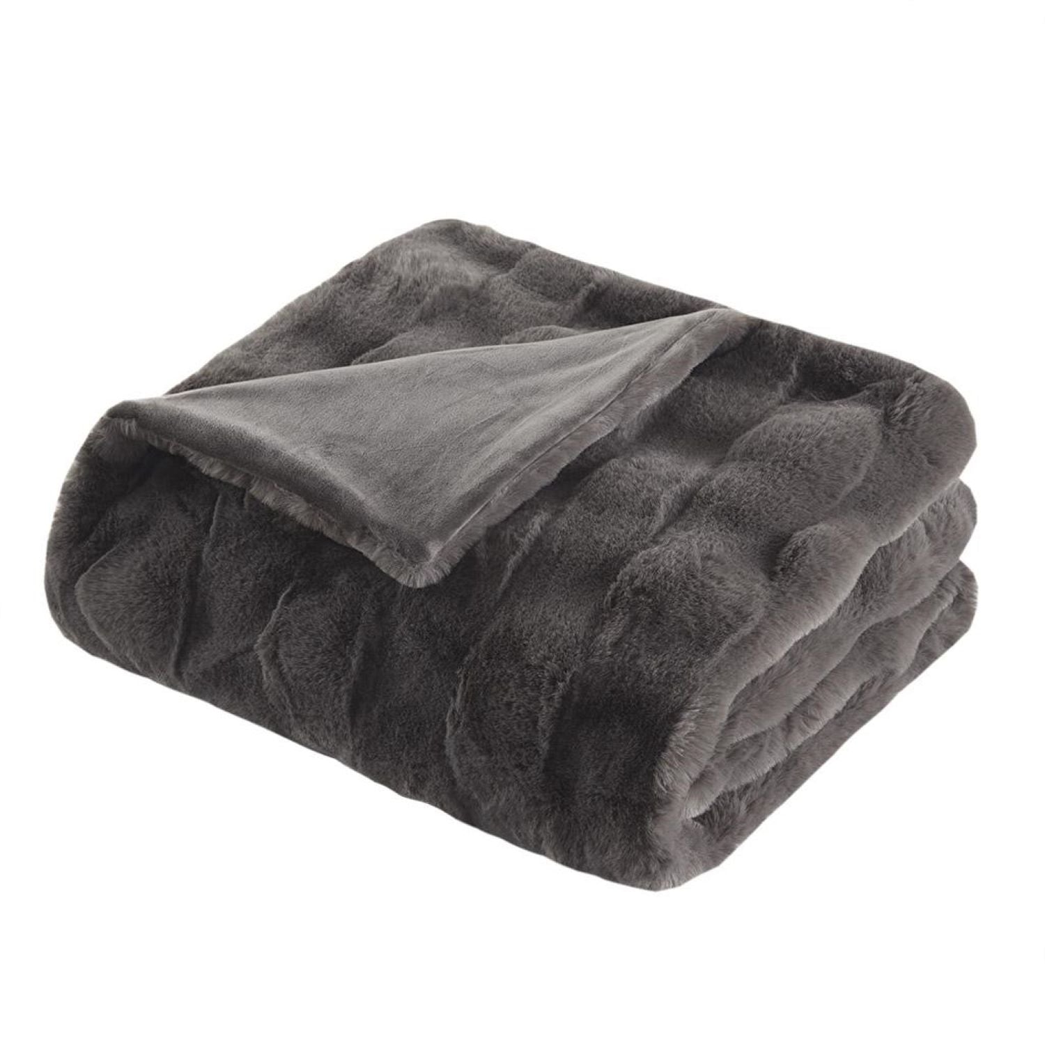Luxurious Faux Fur Throw Blanket with Crystal Velvet Reverse, Basketweave Texture, Perfect for Any Decor, 60" L x 50" W x 0.25" H, Gray