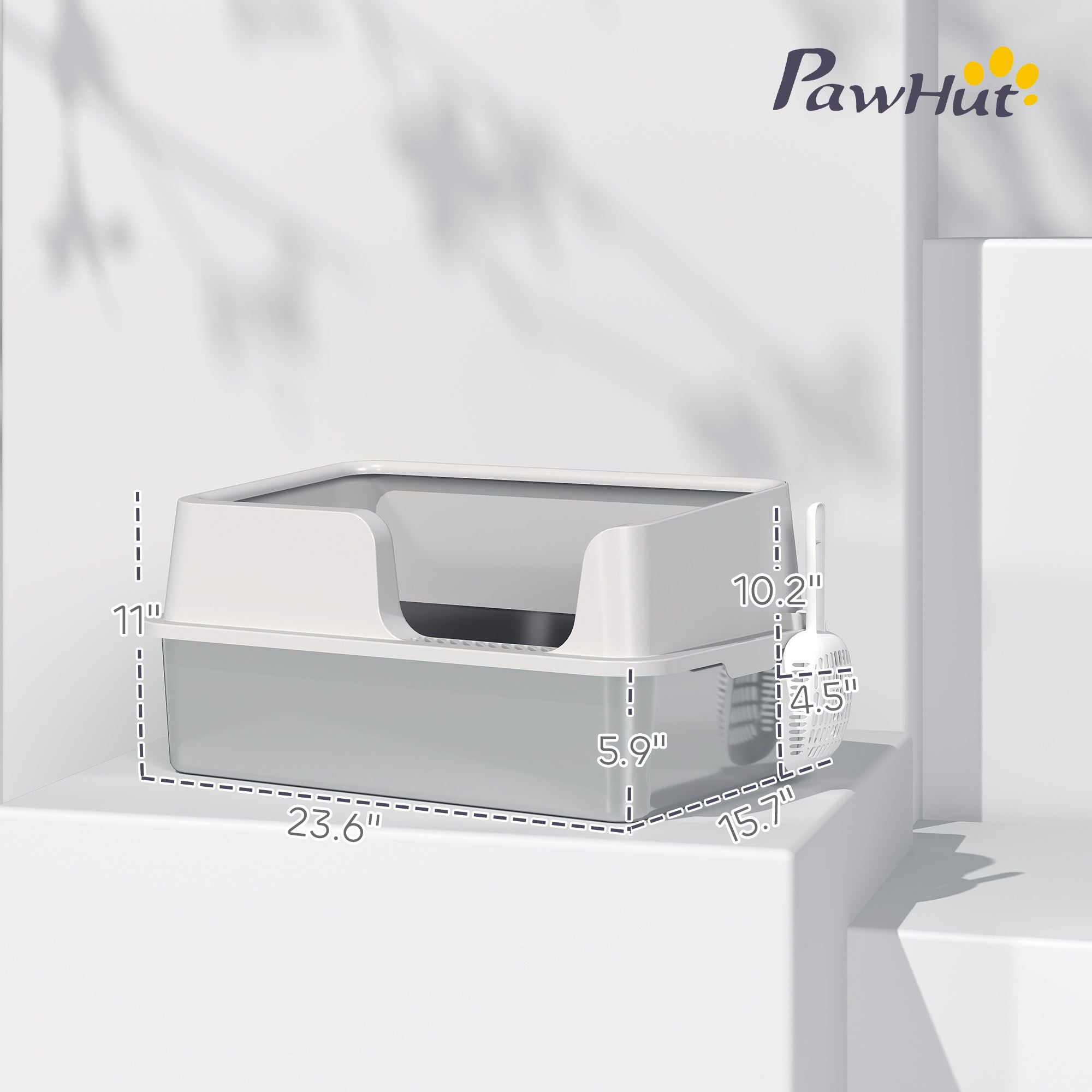 Stainless Steel Litter Box with High Side, Scoop, Easy Cleaning & Anti-Urine Leakage, for Big Cats, Light Gray