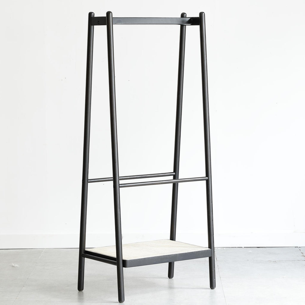 Solid Oak Clothes Rack with Handcrafted Rattan Hangers, Standing Garment Rack for Clothes, Bags & Shoes, 27.5″ L x 18″ W x 65″ H, Black