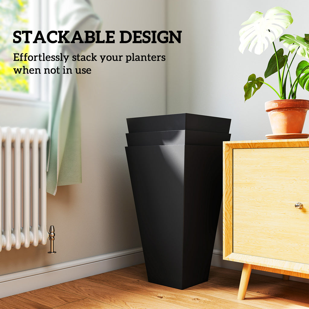Tall Planters for Outdoor Plants Set of 3, 28 In Taper Planters with Drainage Holes, Indoor Grande Plant Pots, Front Porch Decor, Black