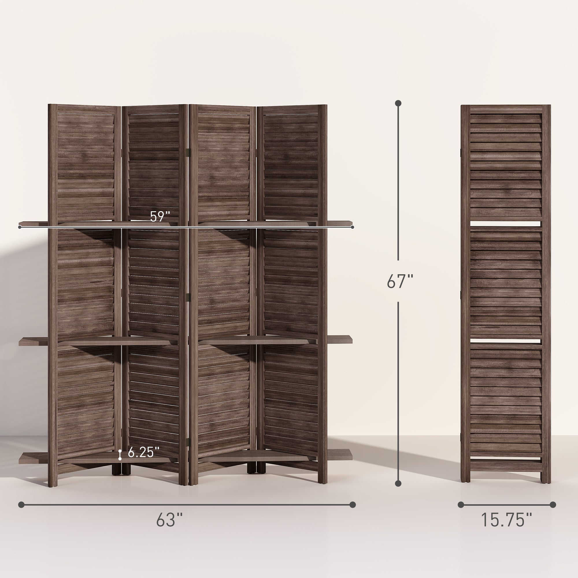 4 Panel 67" Tall Wood Privacy Screen Room Divider with 3 Shelves and Folding Storage for Bedroom, Walnut