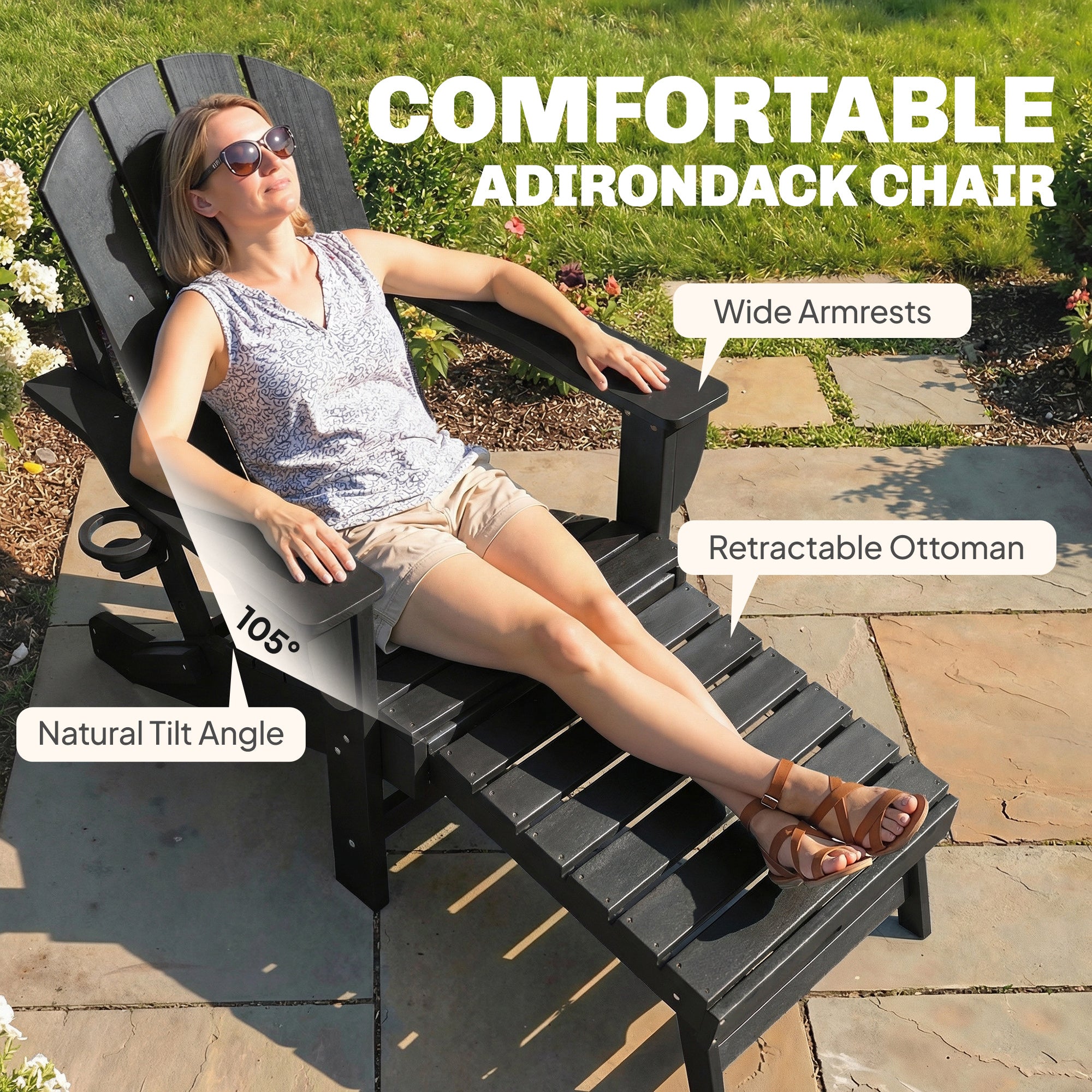 Folding Adirondack Chair Set of 2, HDPE Fire Pit Chair with Retractable Ottoman and Cup Holder, Black