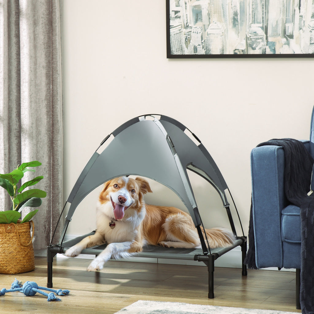 Elevated Dog Bed with Removable Canopy, Outdoor Dog Cot with UV Protection Canopy Shade, 30 inch Pet Bed for Camping, Gray