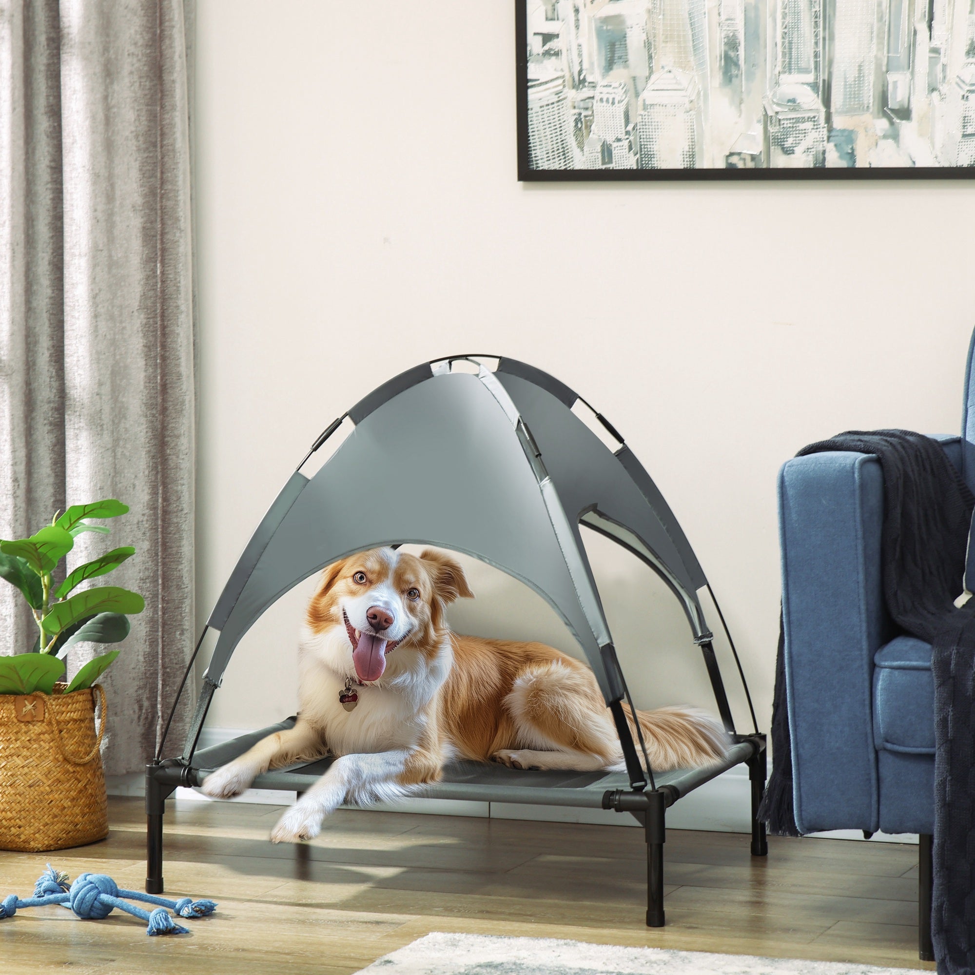 Elevated Dog Bed with Removable Canopy, Outdoor Dog Cot with UV Protection Canopy Shade, 30 inch Pet Bed for Camping, Gray