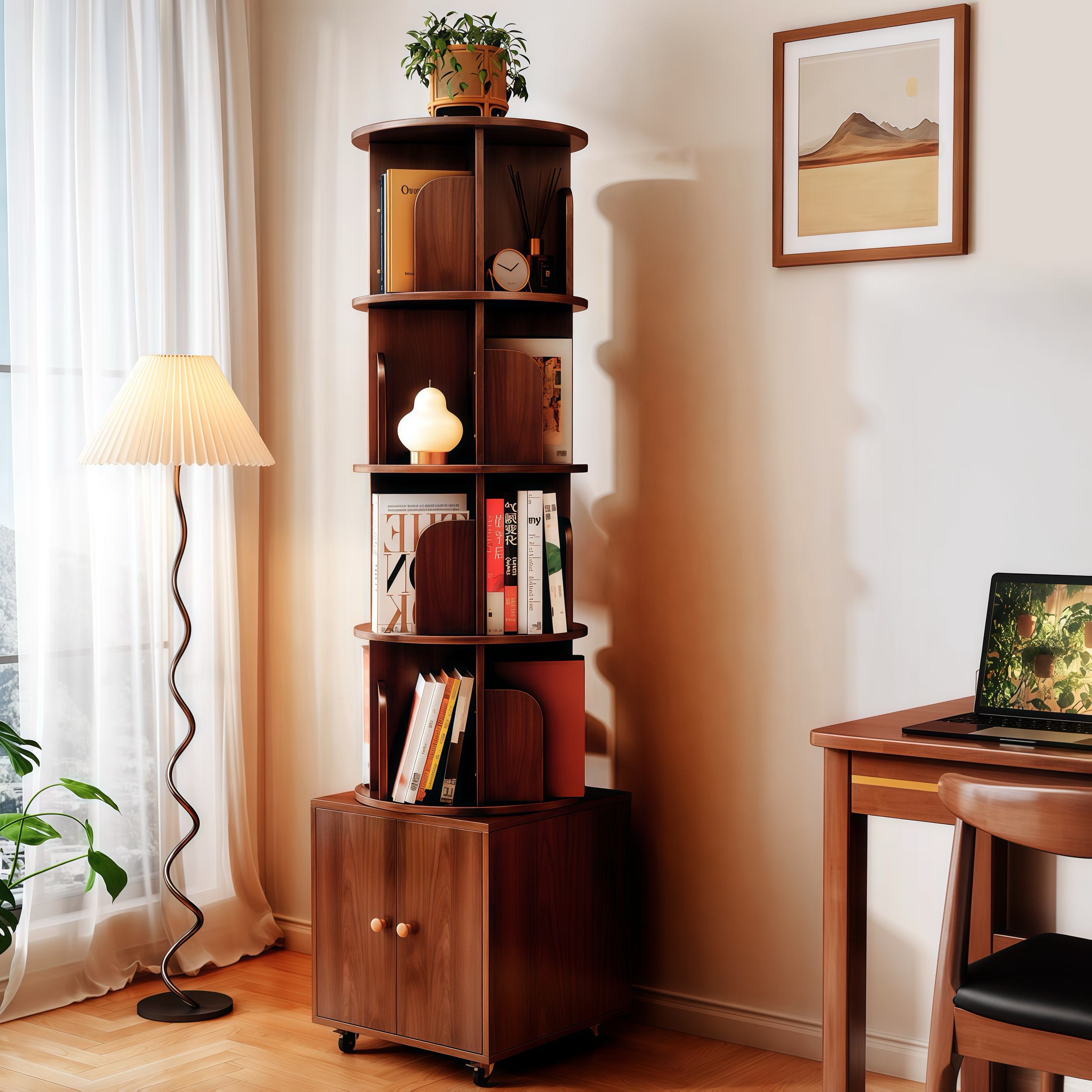 5-Tier 360-Degree Rotating Corner Bookshelf with Drawer, Wood Book Shelf Organizer for Bedroom, Living Room, 18" L x 18" W x 70" H, Walnut Brown