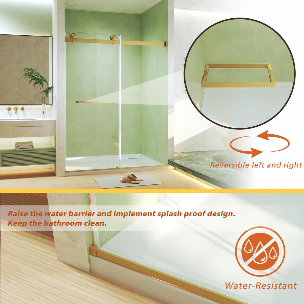 Frameless Double Sliding Shower Door with Silent Rollers, Bathroom Door with Square Tube Track, 60" L x 0.5" W x 74" H, Brushed Gold