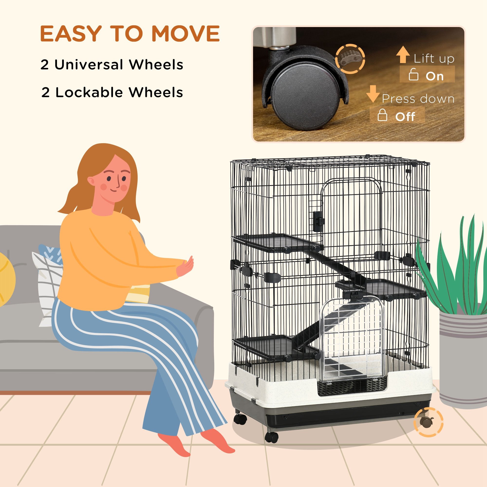32"L 4-Level Small Animal Cage Rabbit Hutch with Universal Lockable Wheels, Slide-out Tray for Bunny, Chinchillas, Ferret, Black