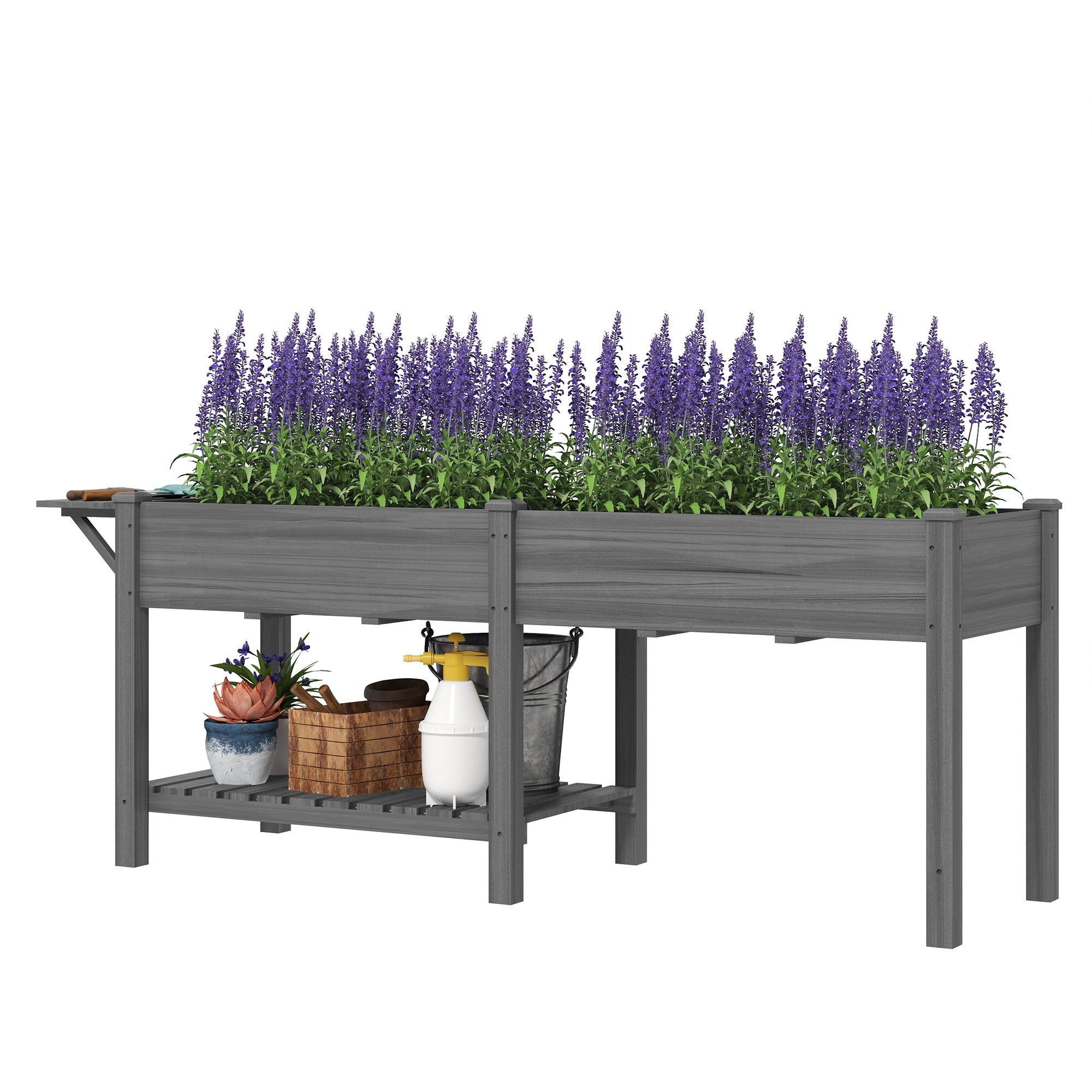 Wood Raised Garden Box, Elevated Garden Bed with Side Table, Bottom Shelf, Bed Liners and Drainage Holes, Gray