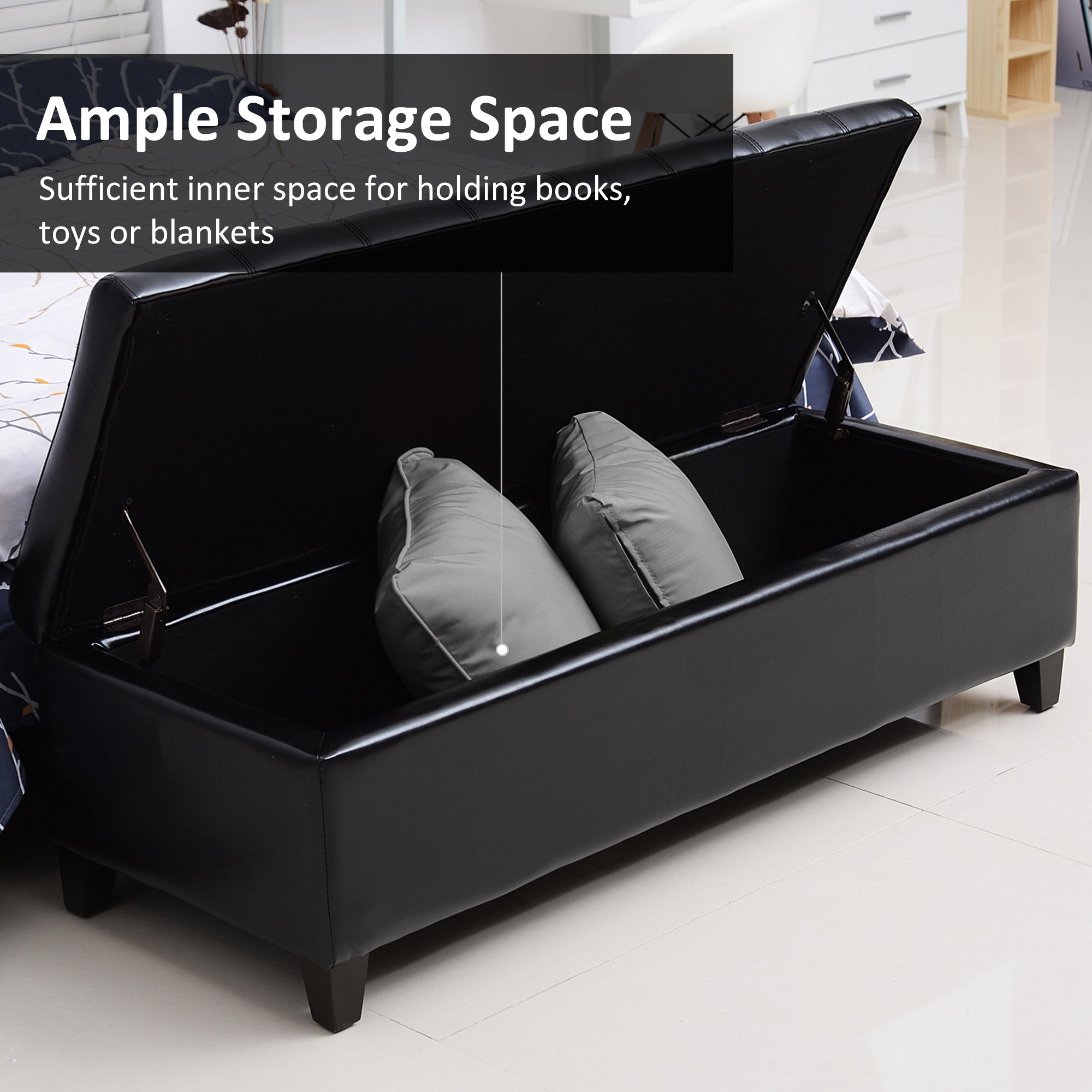 51" Ottoman Storage Bench, Faux Leather Storage Chest with Lift Top, Tufted Ottoman for Living Room, Entryway, Black