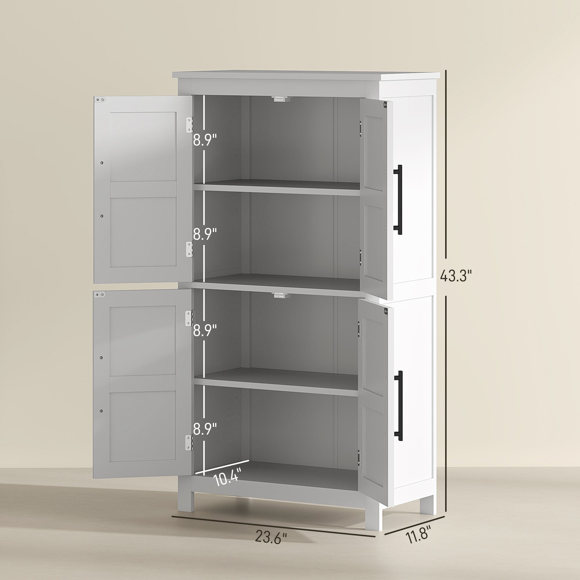 Bathroom Floor Storage Cabinet, Farmhouse Bathroom Cabinet with 4 Doors and Adjustable Shelf, White