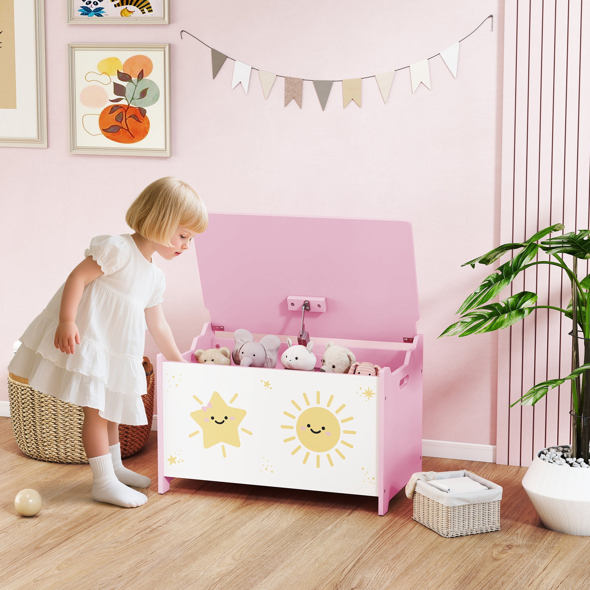 Toy Box with Lid, Safety Hinges and Groove Handles, Toy Storage Organizer for Kids, Living Room, Playroom, Pink