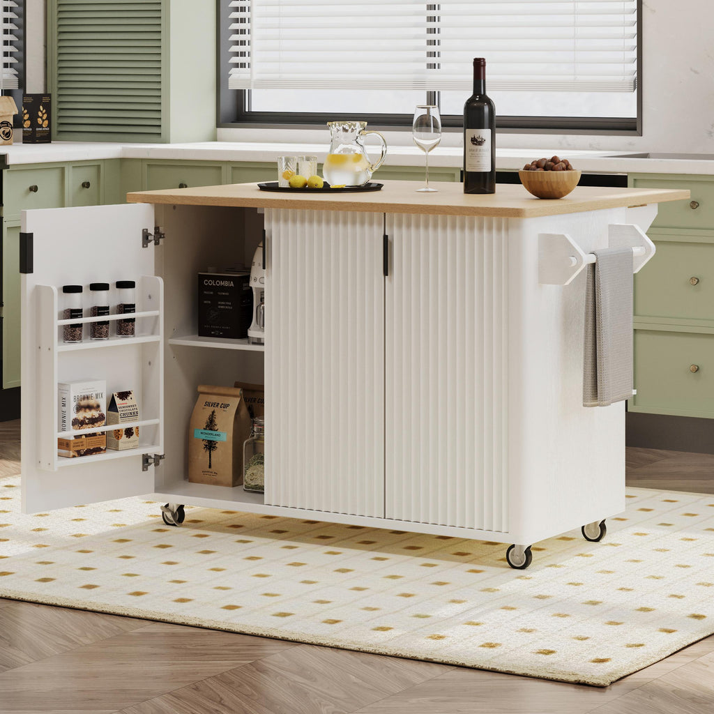 Fluted Kitchen Island with Drop Leaf, Internal Storage Rack, Rolling Kitchen Cart with Towel Rack, Adjustable Shelves, Smooth Curved Edge, White