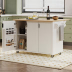 Fluted Kitchen Island with Drop Leaf, Internal Storage Rack, Rolling Kitchen Cart with Towel Rack, Adjustable Shelves, Smooth Curved Edge, White