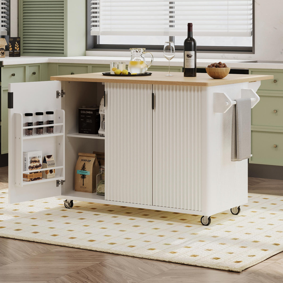 Fluted Kitchen Island with Drop Leaf, Internal Storage Rack, Rolling Kitchen Cart with Towel Rack, Adjustable Shelves, Smooth Curved Edge, White