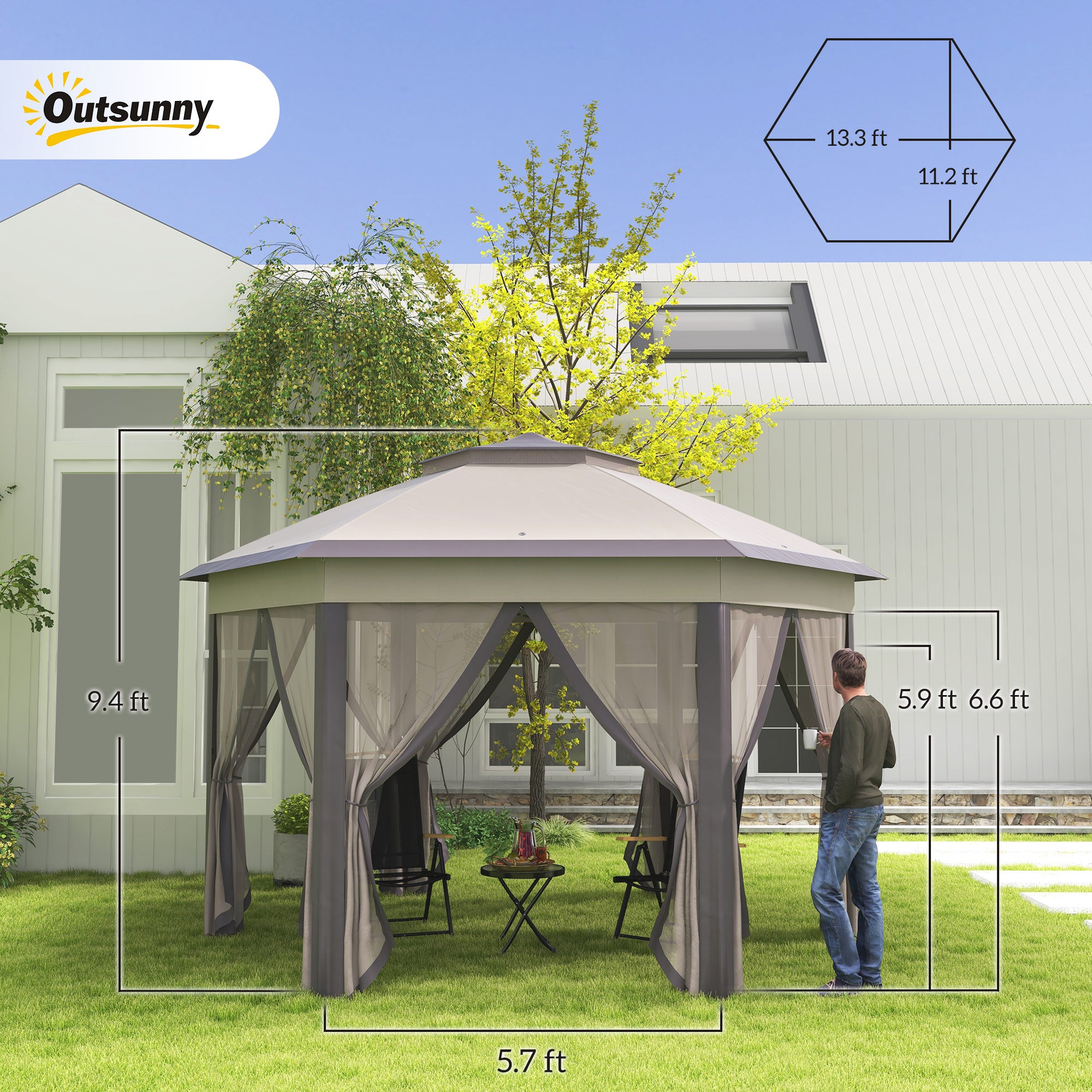 13' x 13' Pop Up Gazebo Hexagonal Canopy Shelter with 6 Zippered Mesh Netting for Patio Backyard Garden Wedding Party