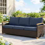 3 Seater Outdoor Couch Sofa, PE Wicker Patio Sofa, Wide Deep Seat, 4" Cushions, Wood-Effect Armrests Legs, Dark Blue
