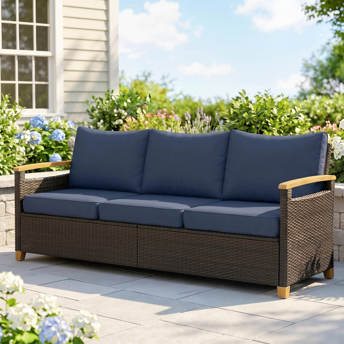 3 Seater Outdoor Couch Sofa, PE Wicker Patio Sofa, Wide Deep Seat, 4" Cushions, Wood-Effect Armrests Legs, Dark Blue