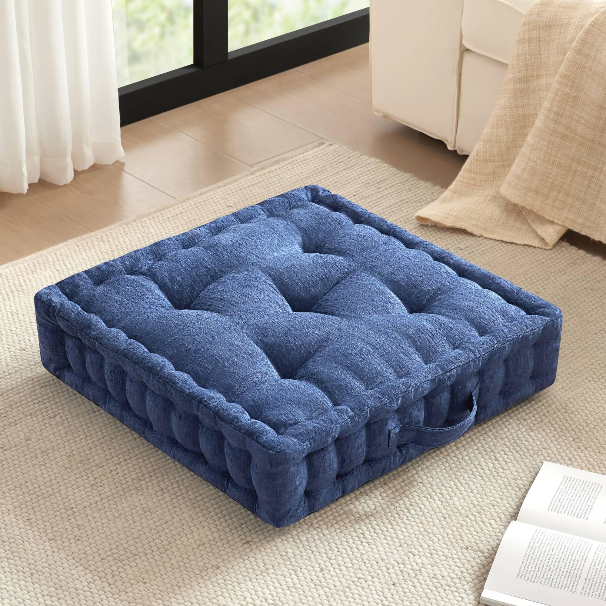 Textured Poly Chenille Square Floor Pillow Cushion with Tufted Detailing, Scalloped Edge, Hypoallergenic Polyester, 24" L x 24" W x 5" H, Navy Blue