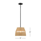 Farmhouse Style Single Light Pendant with Rattan Shade, Black Metal Finish, Ideal for Homer Decor, 12" L x 12" W x 10" H, Black