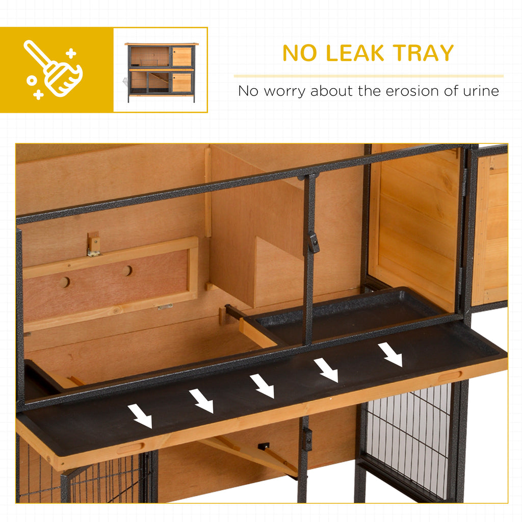 48" 2-Story Large Rabbit Hutch Bunny Cage Wooden Pet House Metal Frame with Rooms, Ramp, No Leak Tray, Feeding Trough, Waterproof Asphalt Roof for Rabbits, Chickens, Ducks, Outdoor/Indoor