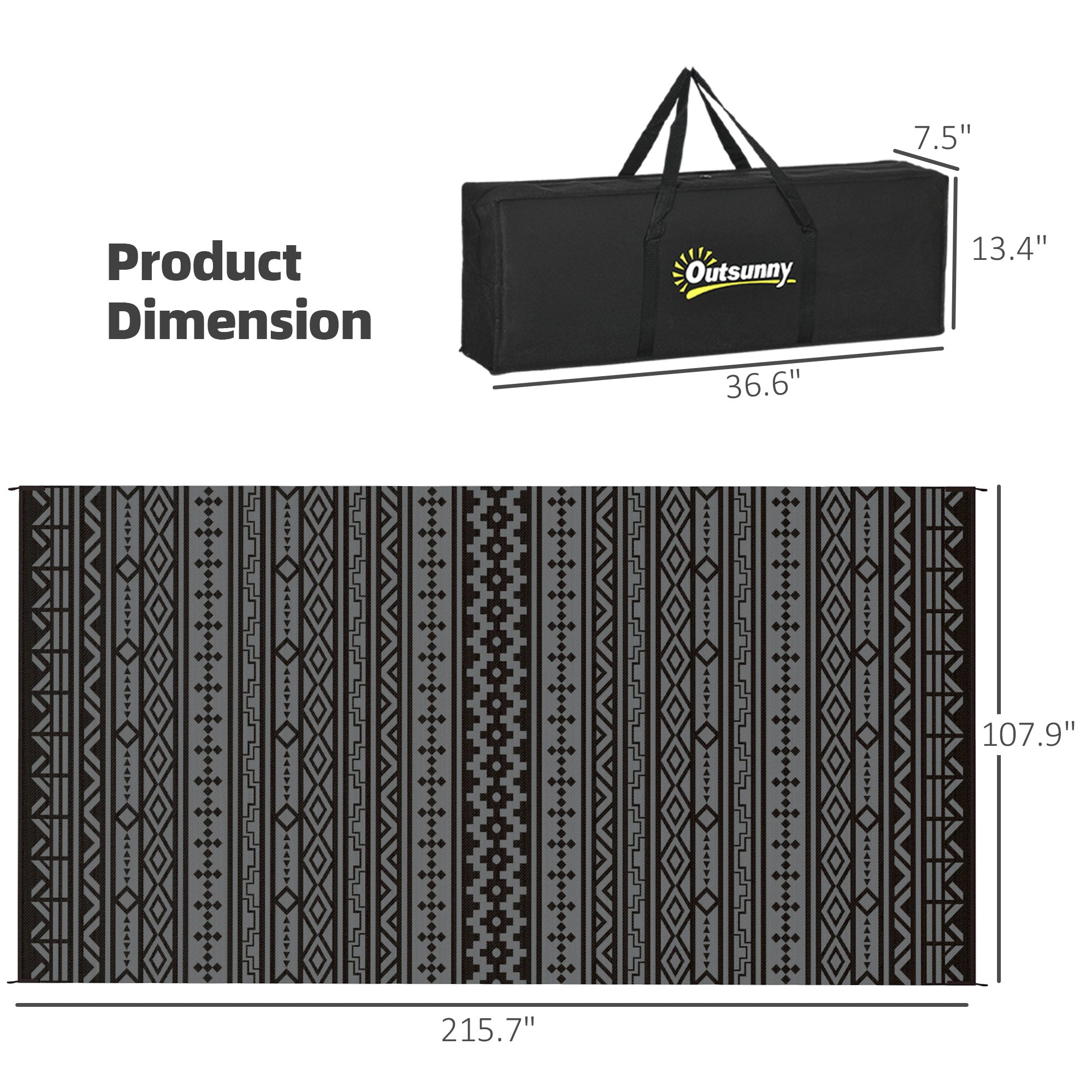 Reversible Outdoor Rug, Waterproof Plastic Straw with Carry Bag, 9' x 18', Black & Gray Geometric Wall