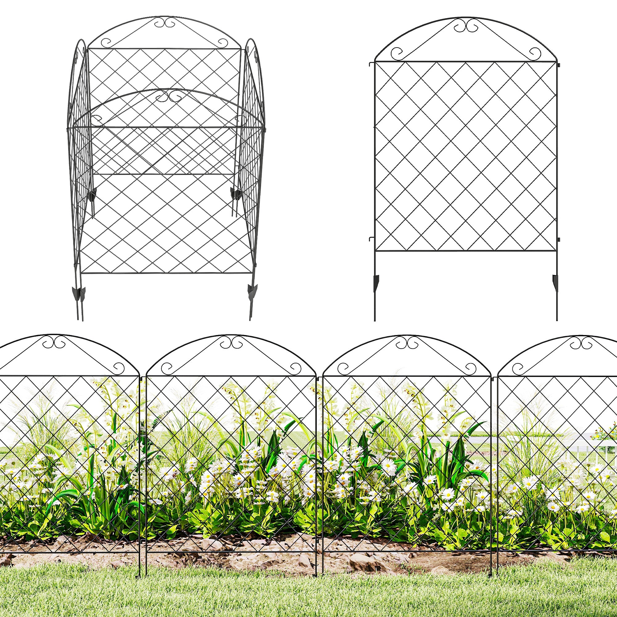 Garden Fence, 4 Pack Steel Fence Panels, 11.5' L x 43" H, Rust-Resistant Decorative Border Flower Edging for Yard, Landscape, Patio, Outdoor Decor, Curved Vines