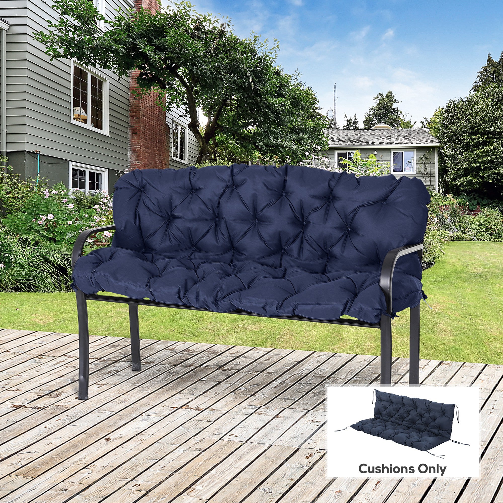 59" x 38" Tufted Bench Cushion for Outdoor Furniture, 3-Seater Replacement for Swing Chair, Patio Sofa/Couch, Dark Blue
