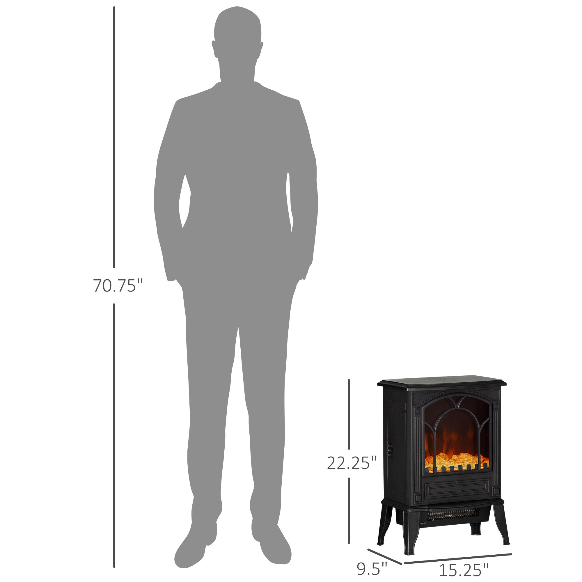 Electric Fireplace Heater, Freestanding Fireplace Stove with Realistic Flame Effect Overheat Protection 725W/1450W Black