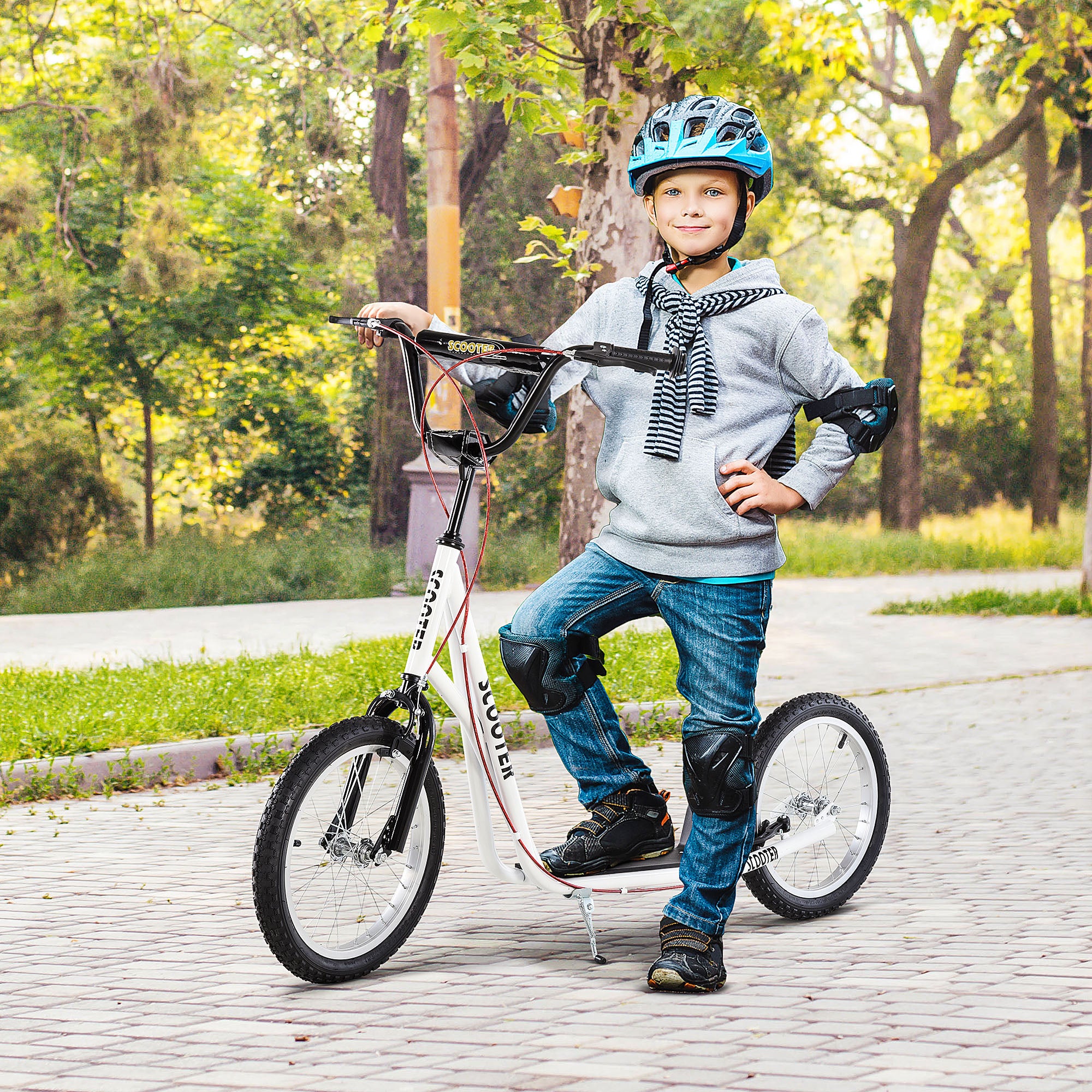 Youth Scooter Kick Scooter for Kids 5+ with Adjustable Handlebar Front and Rear Dual Brakes Inflatable Wheels, White