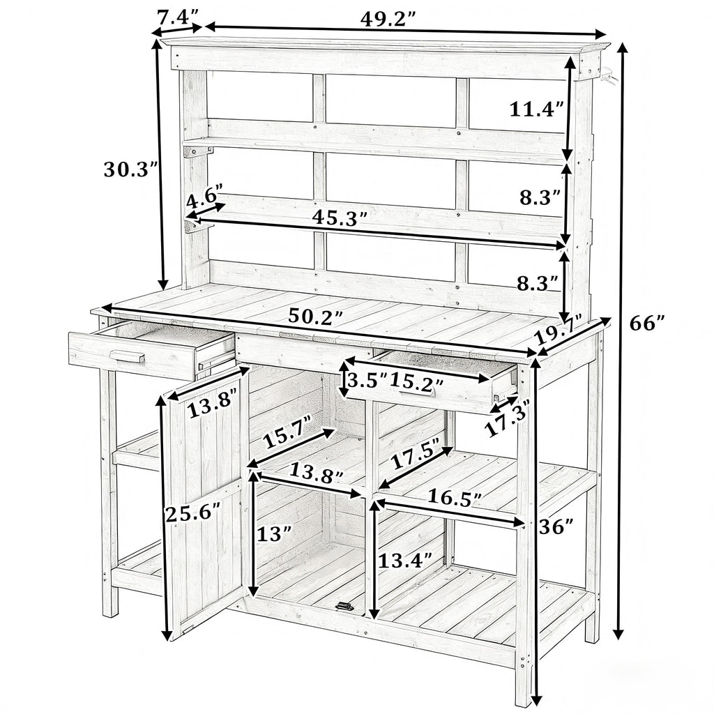Large Wooden Potting Bench with 2 Drawer, Cabinet, Open Shelf, Farmhouse Garden Workstation for Backyard, 50'' L x 19.5'' W x 66'' H, White