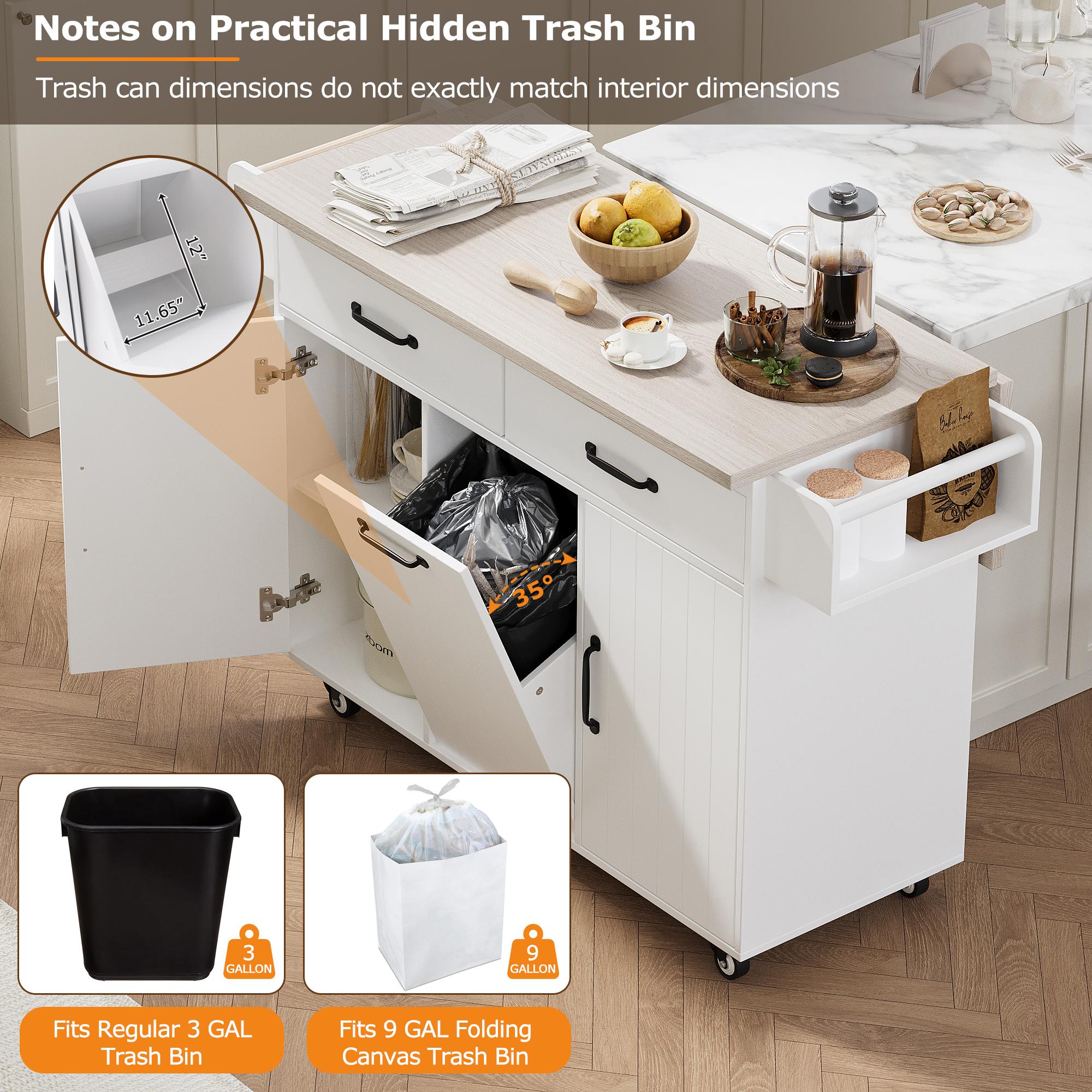 Kitchen Island with Trash Can Storage, Drop Leaf, Spice and Towel Rack, Adjustable Shelf, Utility Cart on Wheels, 51" L x 31.5" W x 35" H, White