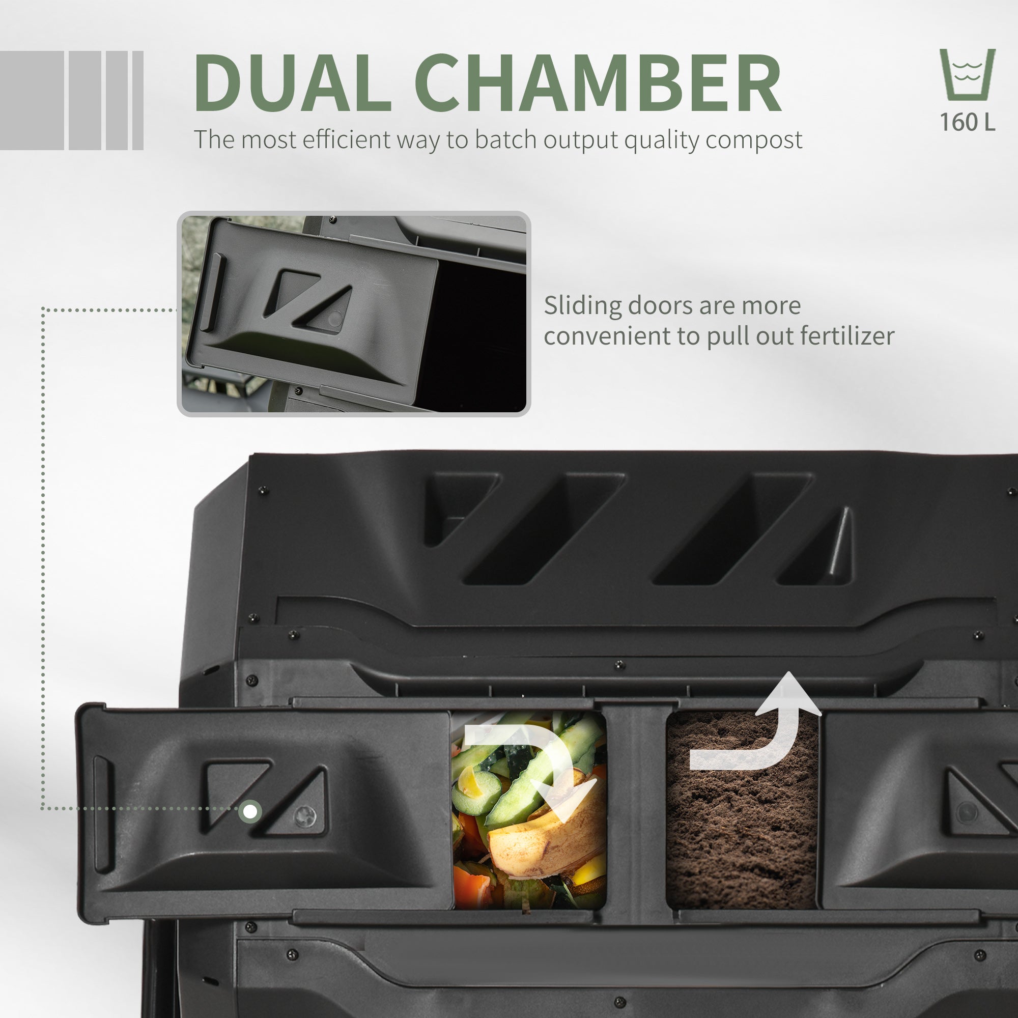 Tumbling Compost Bin Outdoor 360° Dual Chamber Rotating Composter 43 Gallon, Black