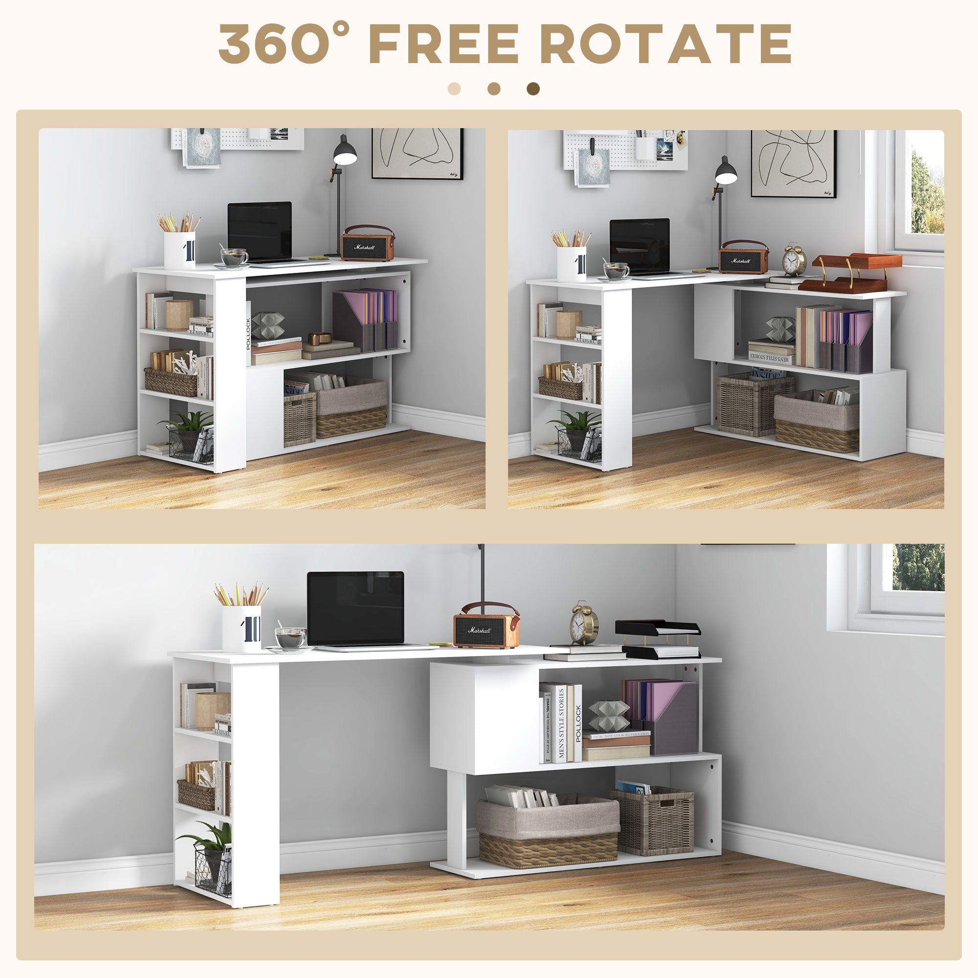360° Rotating Home Office Desk L Shaped Corner Computer Desk with Storage Shelves, Writing Table Workstation, White