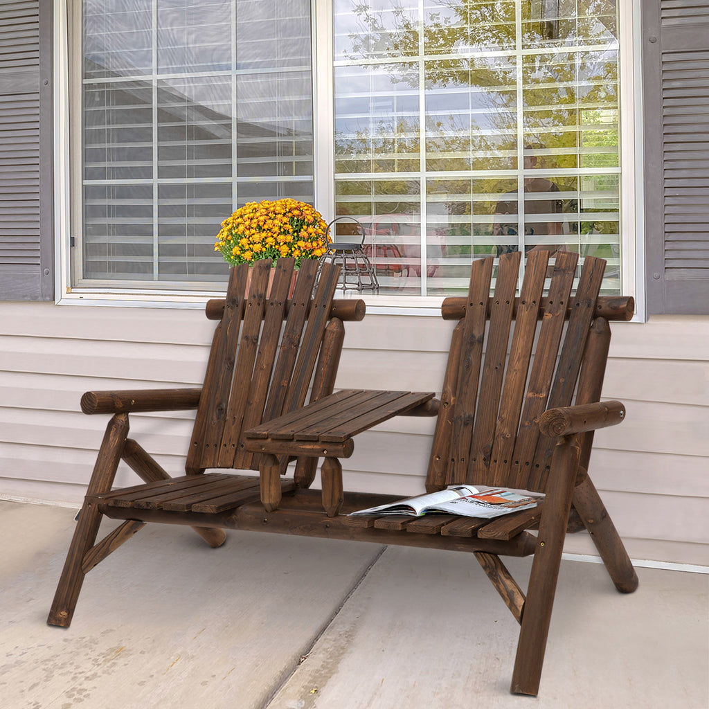 Wood Adirondack Patio Chair Bench with Center Coffee Table, Perfect for Lounging and Relaxing Outdoors Carbonized