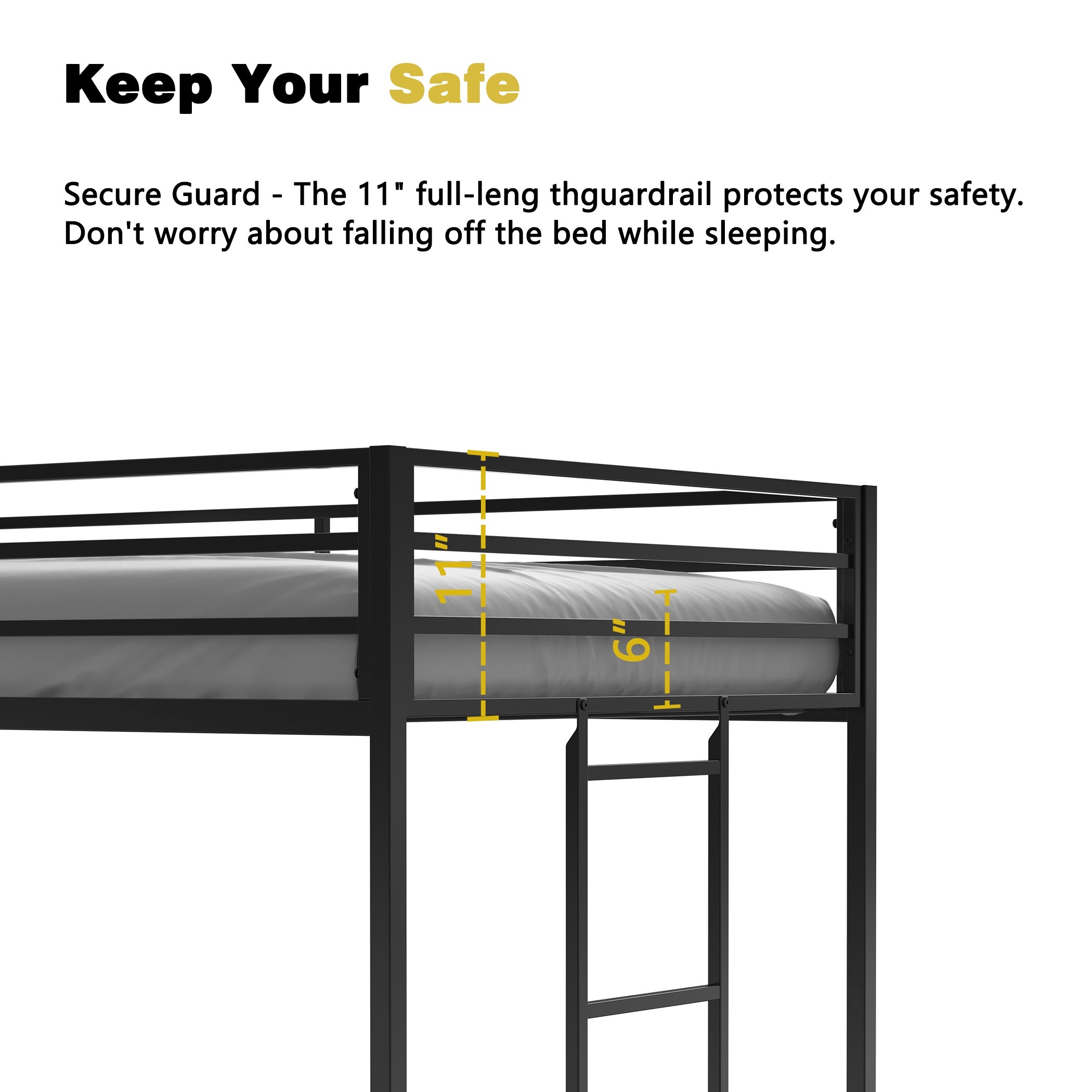 Junior Twin Loft Bunk Metal Bed Frame with Full-Length Guardrails, Anti-Noise Design, and Protective Post Caps, 76.69″ L x 40.94″ W x 49.49″ H, Black