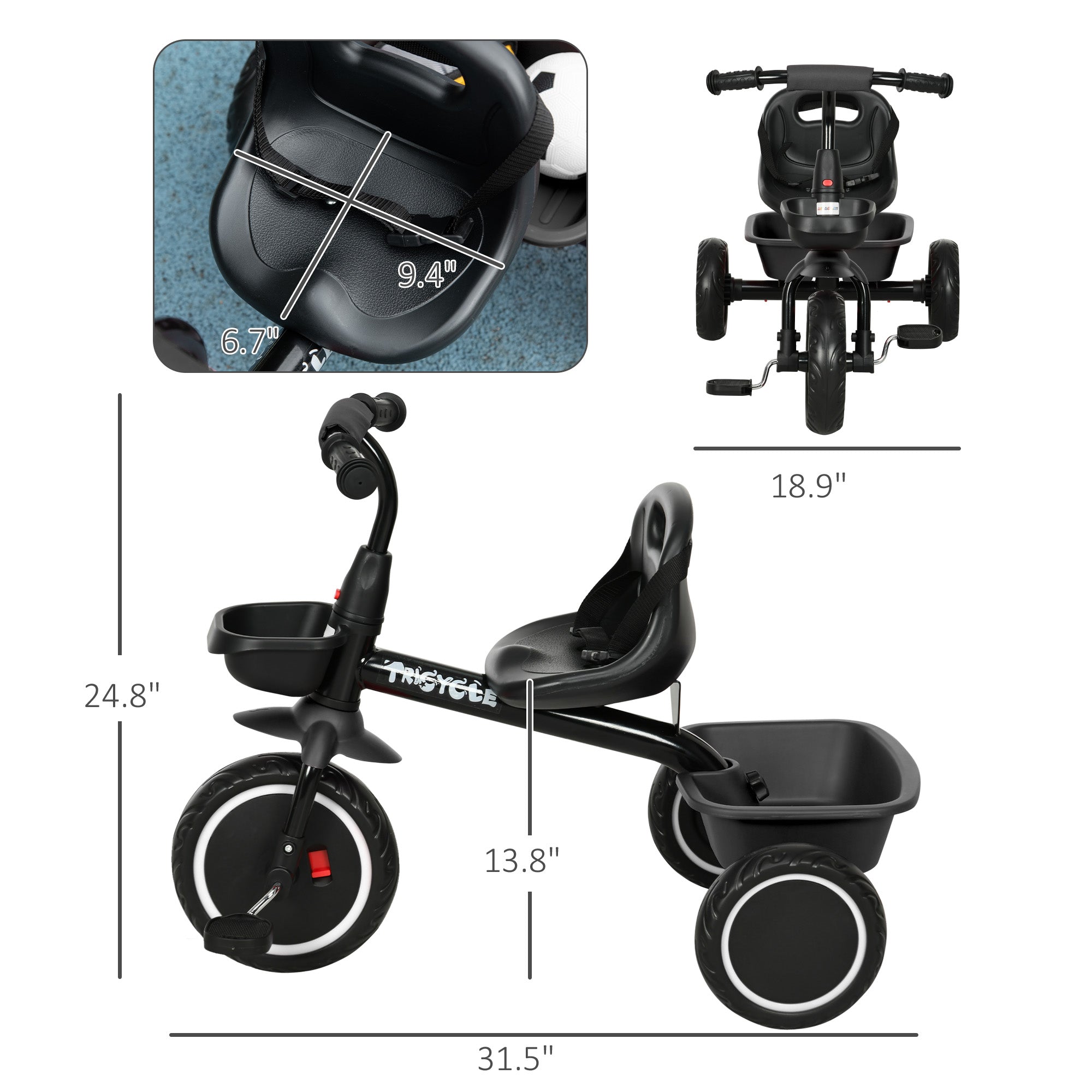 Tricycle for Toddlers Age 2-5 with Adjustable Seat, Storage Baskets, Black