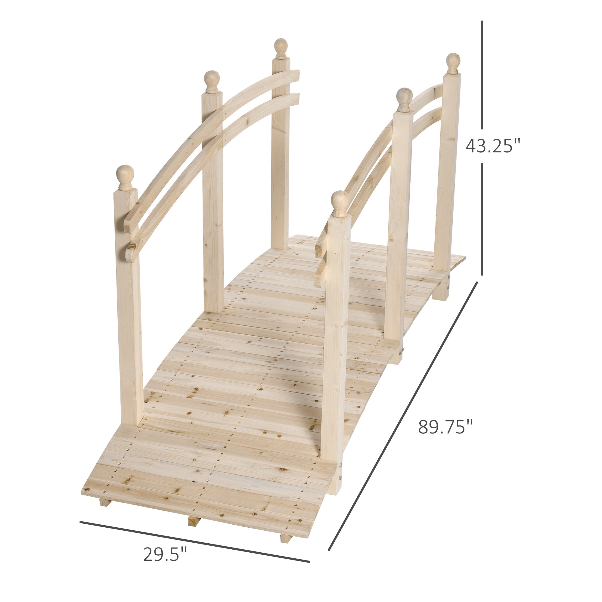 Wooden Arch Garden Bridge, Safety Rails for Backyard Ponds, Creeks, Streams, 7.5', Natural