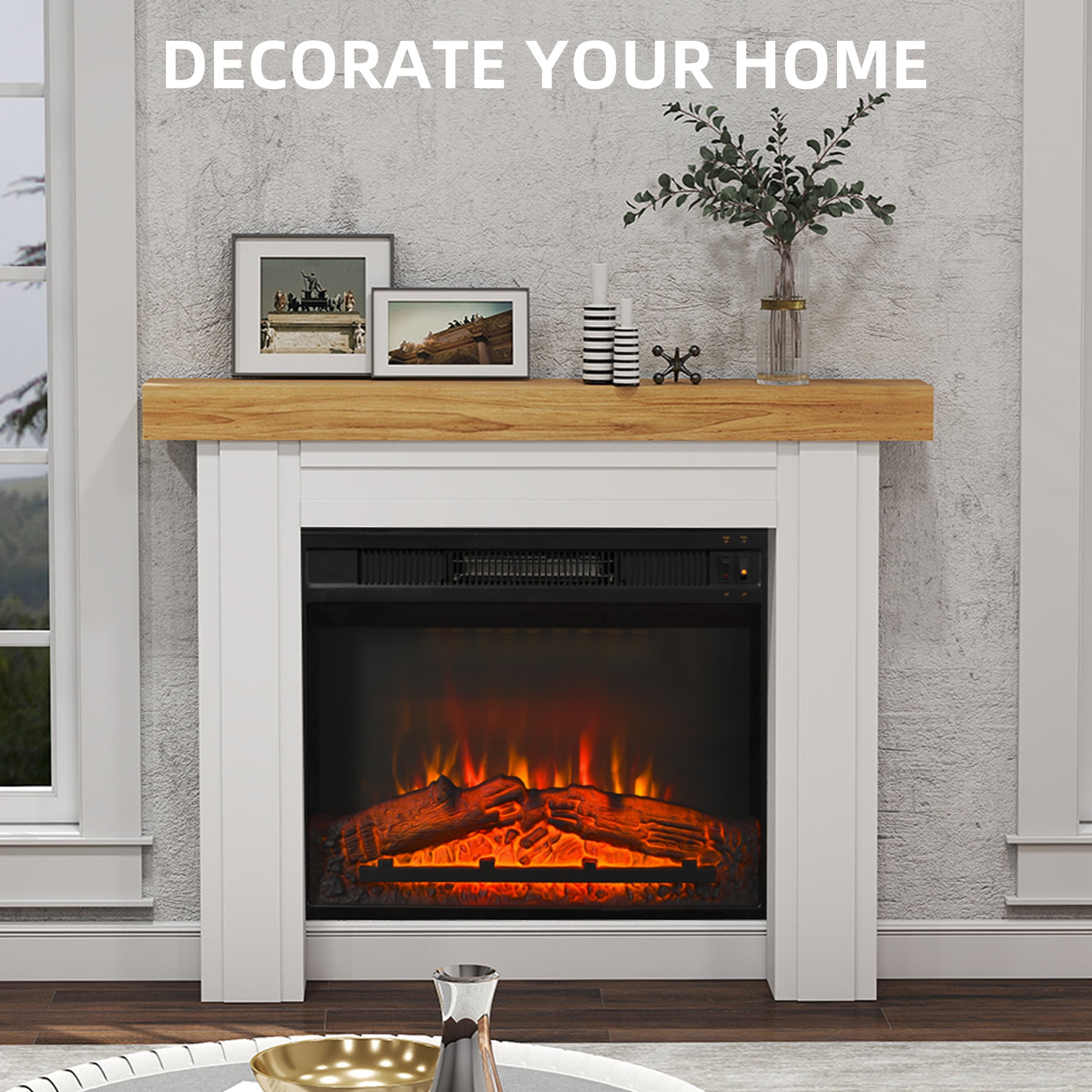Modern Fireplace Mantel, Freestanding Fireplace Surround with Leg for Electric Fireplaces, 51.2" W x 40.6" H, Natural Wood