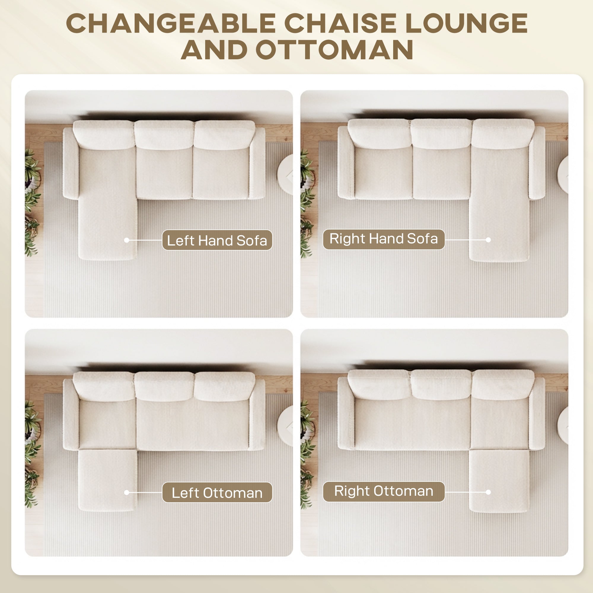 Sectional Sofa, L Shaped Couch, with Reversible Chaise or Ottoman, Cream White