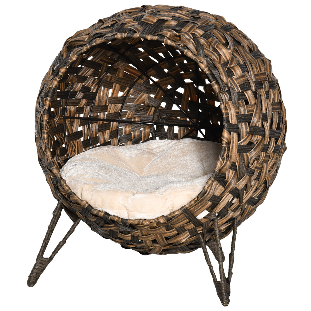 20.5" Weaved Cat Bed, Elevated Hand-woven Braided Banana Leaf Kitten House Condo with Cushion, Brown