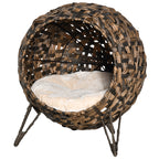 20.5" Weaved Cat Bed, Elevated Hand-woven Braided Banana Leaf Kitten House Condo with Cushion, Brown
