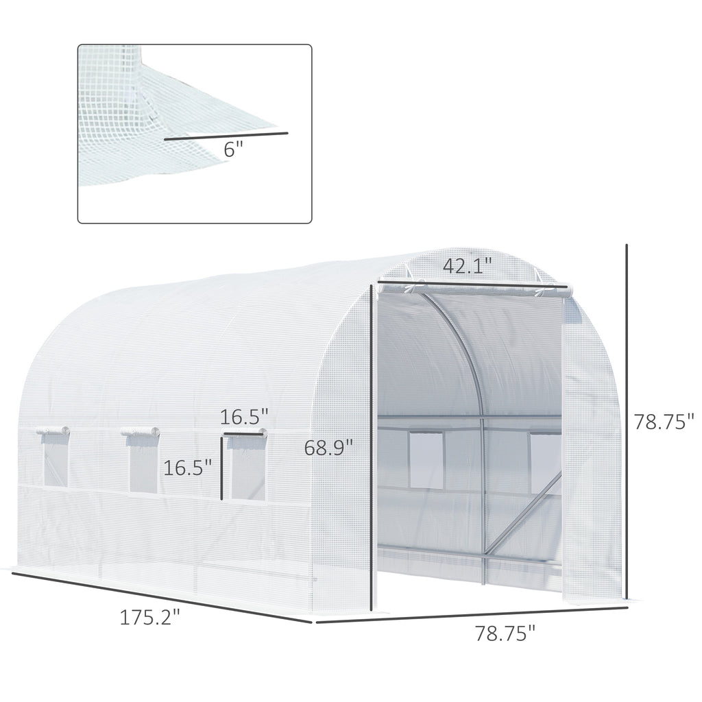 15' x 7' x 7' Walk-In Tunnel Greenhouse, Large Garden Hot House Kit with 6 Roll-up Windows & Roll Up Door, Steel Frame, White
