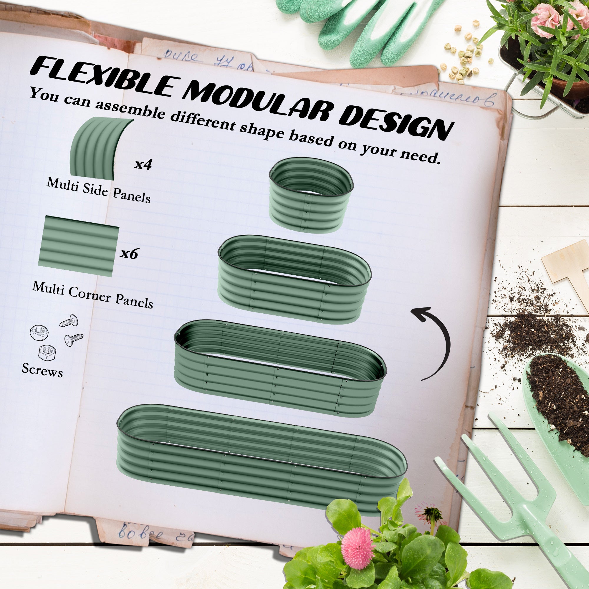 6.4' x 2' x 1' Galvanized Raised Garden Bed Kit, Metal Planter Box with Safety Edging, Green