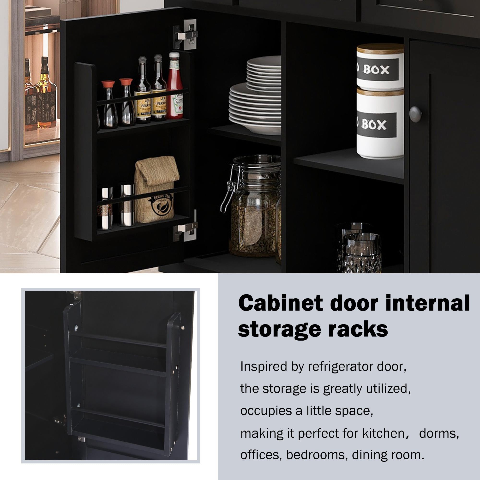 Kitchen Cart with 5 Wheels, 3 Drawers, Storage Cabinets, Central Island with Rubberwood Drop-Leaf Countertop, 53" L x 29.5" W x 37" H, Black
